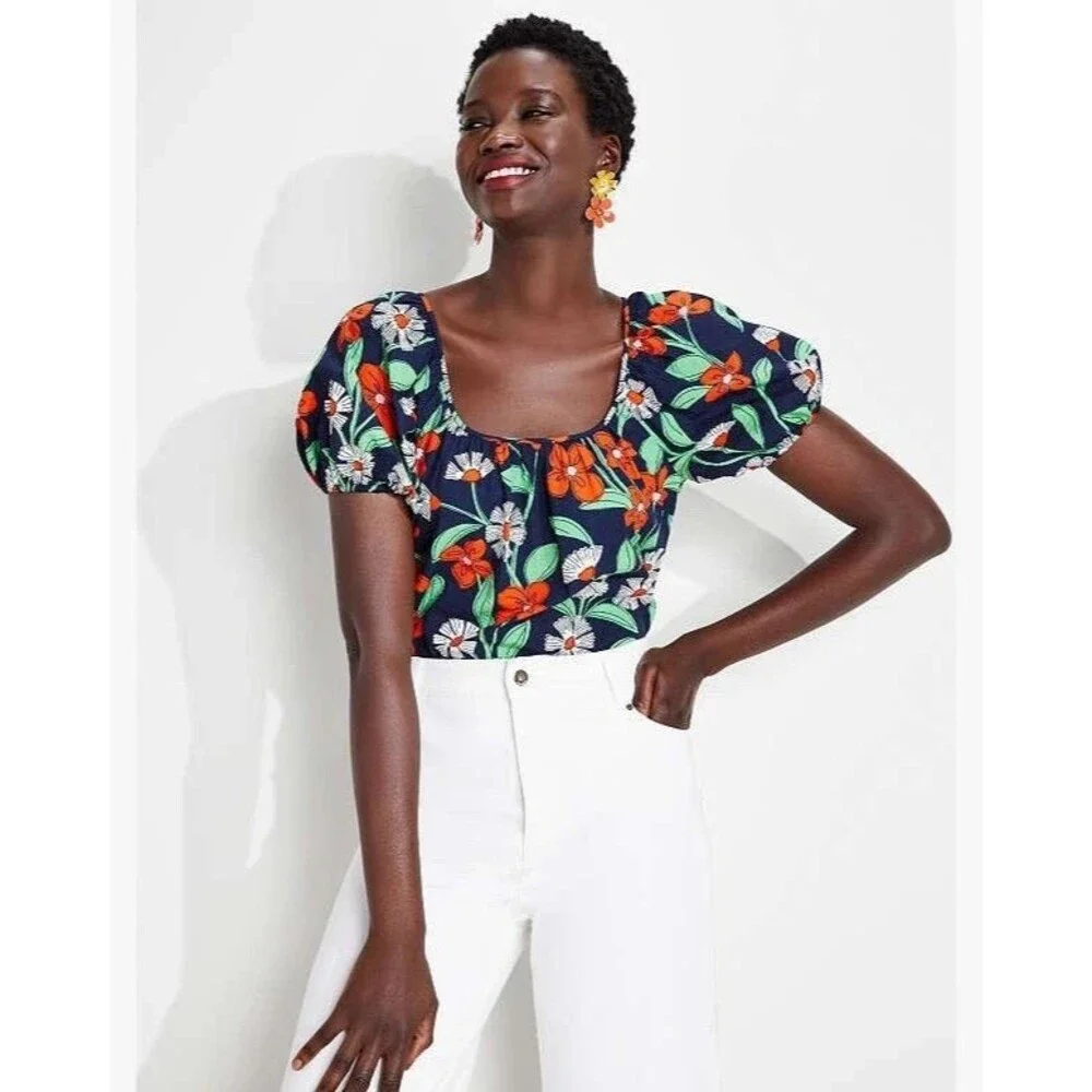 Kate Spade Size Small Daisy Vines Puff Sleeve Blouse Blue Floral Scoop Neck EUC
